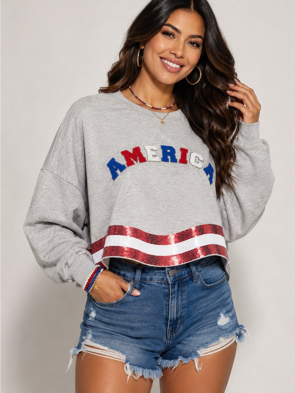 THE AMERICANA CREW LONG SLEEVE SEQUIN CROP PULLOVER SWEATER Multiple Size - Picture 3 of 8